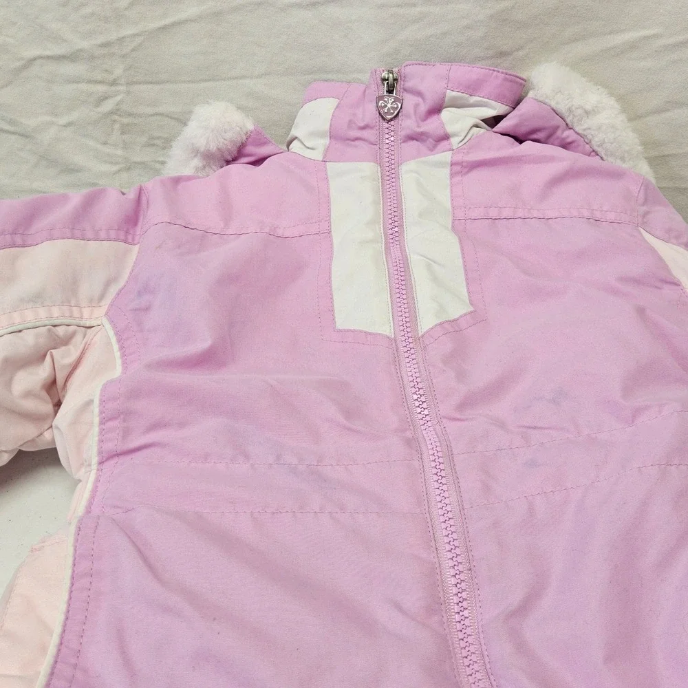 London Fog Puffer Jacket Kids 4T‎ Pink Colorblock Faux Fur Hood Full Zip Coat